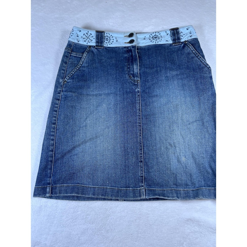 Talbots Skirt Womens 6 Blue Denim Embroidered Waist Short Straight Stretch